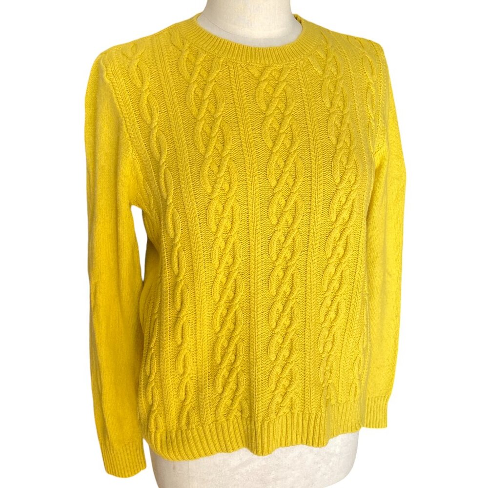 Lands’ End Cable Knit Fisherman Sweater Citrus Yellow Academia Coastal Preppy-M